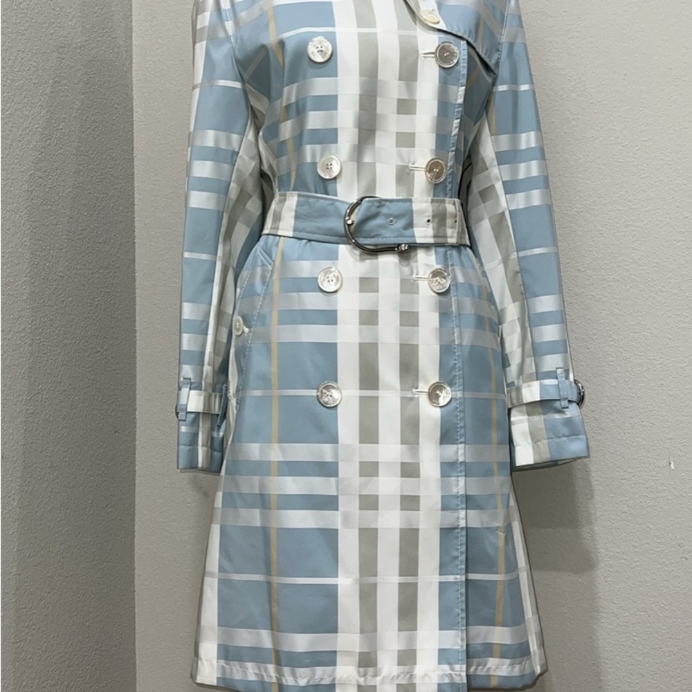 Burberry Vintage Trench Raincoat light dusty blue plaid belted NEW w tags